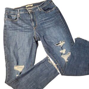 Levis 721 High Rise Skinny Jeans Distressed Blue Denim Size 34 Raw Hem